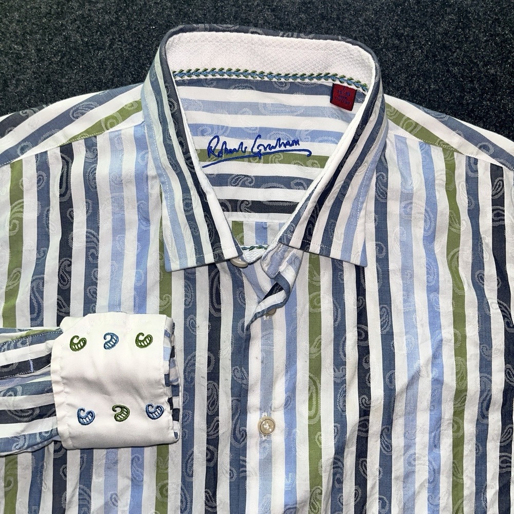 Robert Graham Blue GreenStriped Paisley Long Sleeve Button Up Shirt Boys L 14/16
